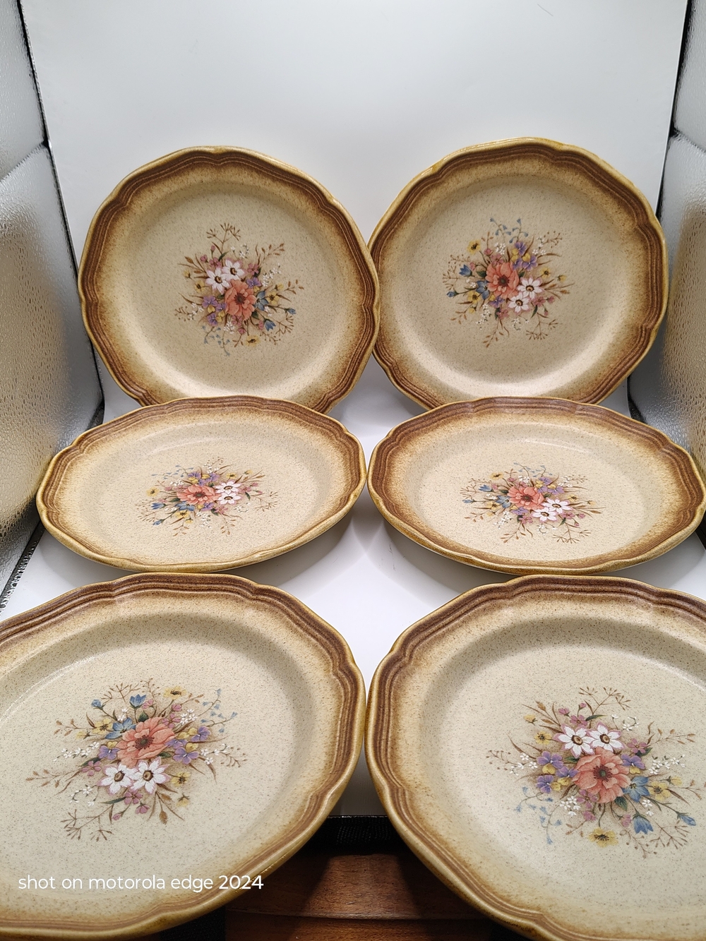 Mikasa Floral Salad Plates - Cream and Brown with Multicolor Bouquet Set Of 6